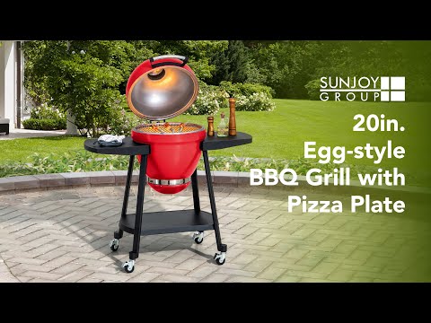 SUNJOY 20 Inch Charcoal Grill, Kamado Grill with Pizza Stone, Ultimate Egg BBQ Grill and Smoker with Wheels