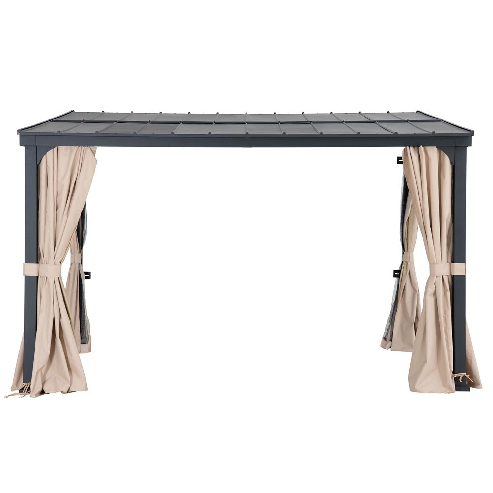 Sunjoy 10’ x 12’ Wall Mounted Gazebo, Black Aluminum & Metal Frame Lean to Gazebo with Curtains and Netting.