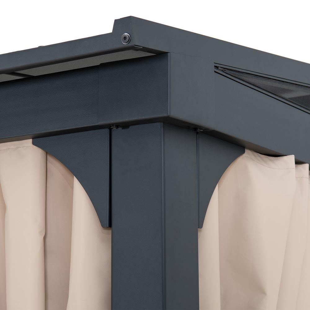 Sunjoy 10’ x 12’ Wall Mounted Gazebo, Black Aluminum & Metal Frame Lean to Gazebo with Curtains and Netting.