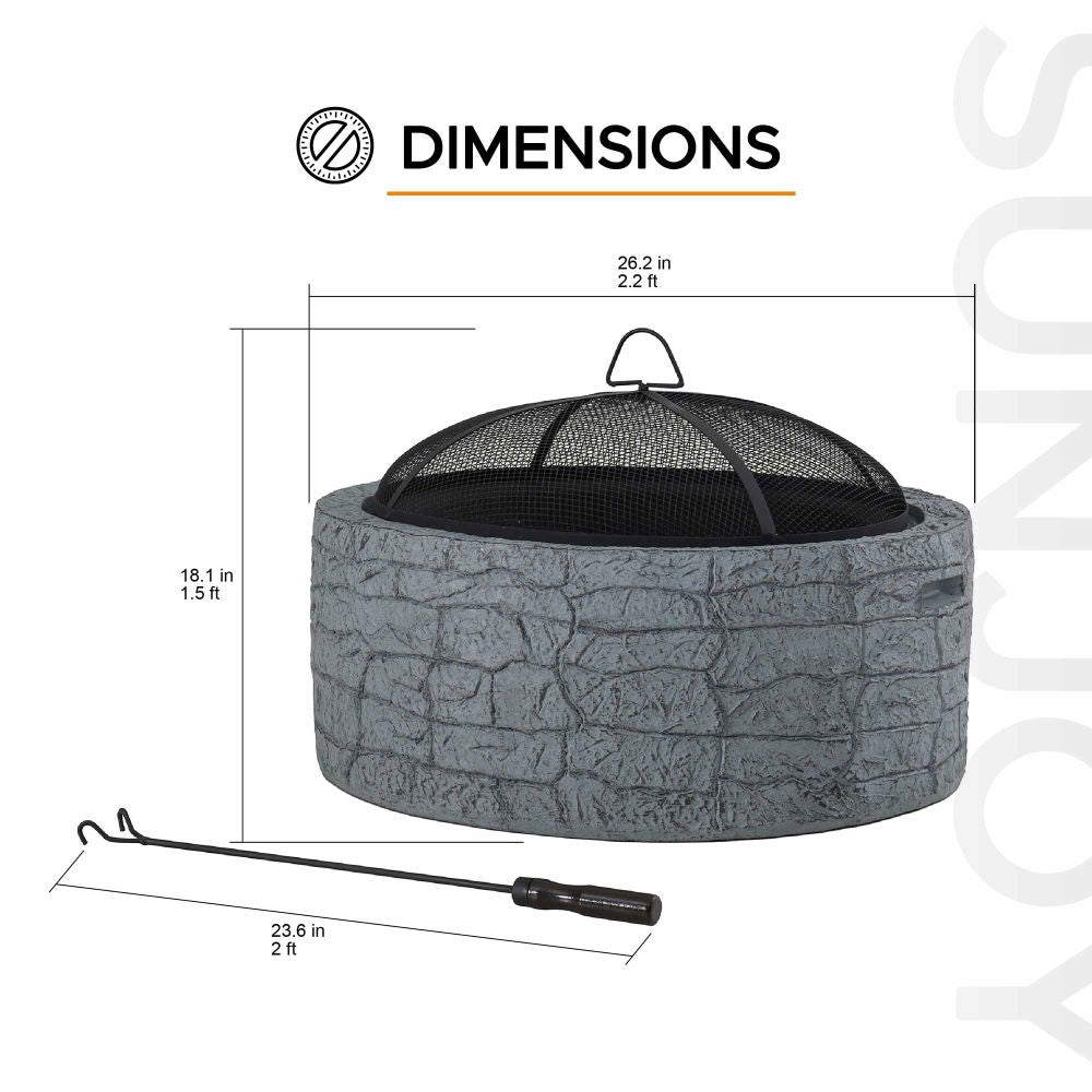 SUNJOY 26 Inch Small Outdoor Stone Firepit with Spark Screen and Poker.