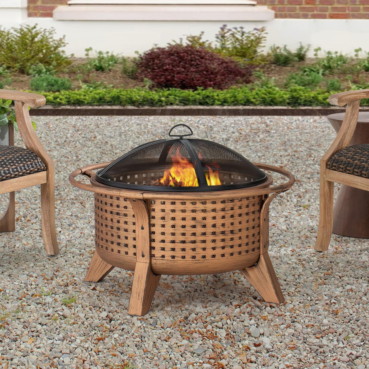 SUNJOY 30 Inch Copper Steel Holiday Fire Pit with Spark Screen & Poker.