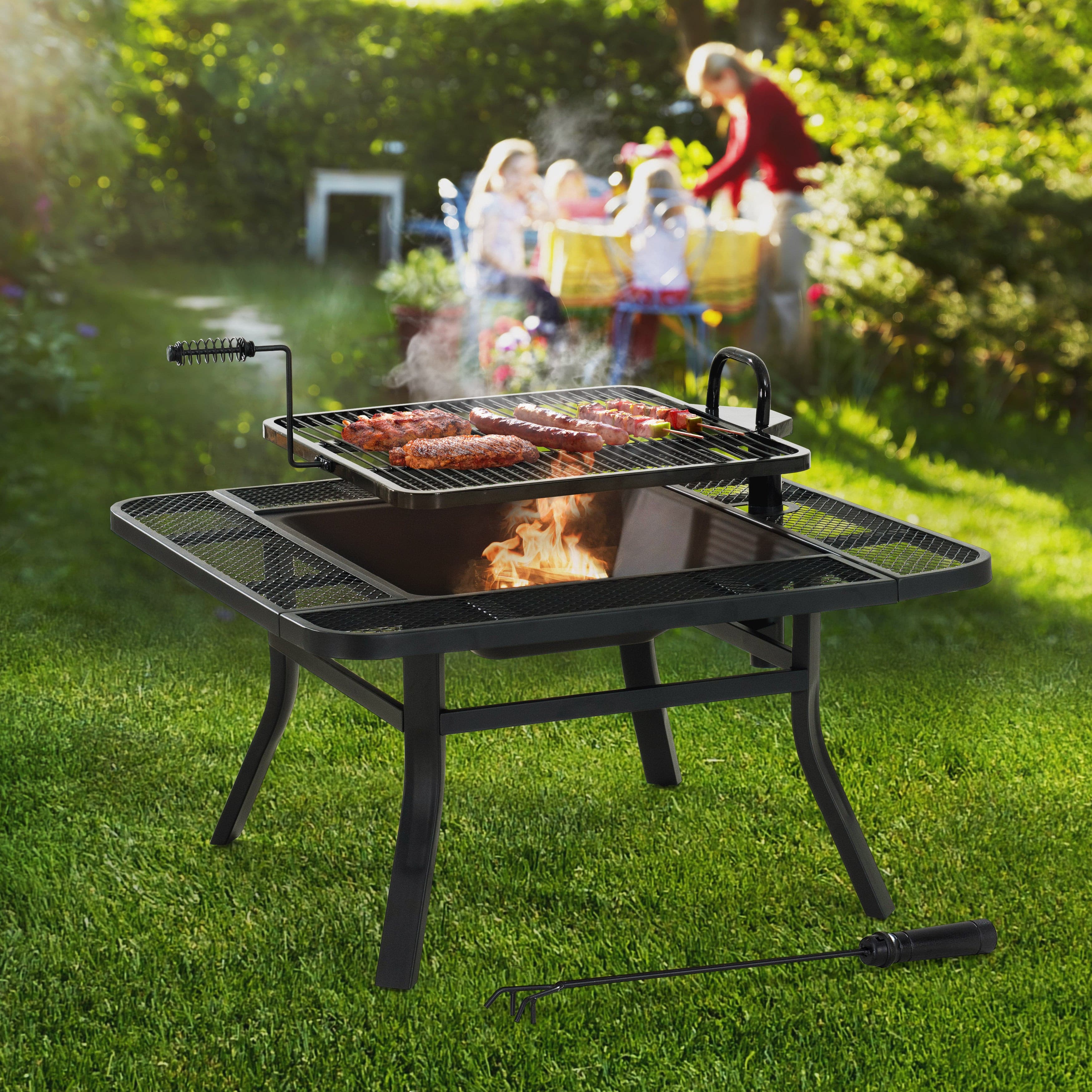 SUNJOY 38 Inch Large Outdoor Fire Pit with Adjustable Grill and Poker.