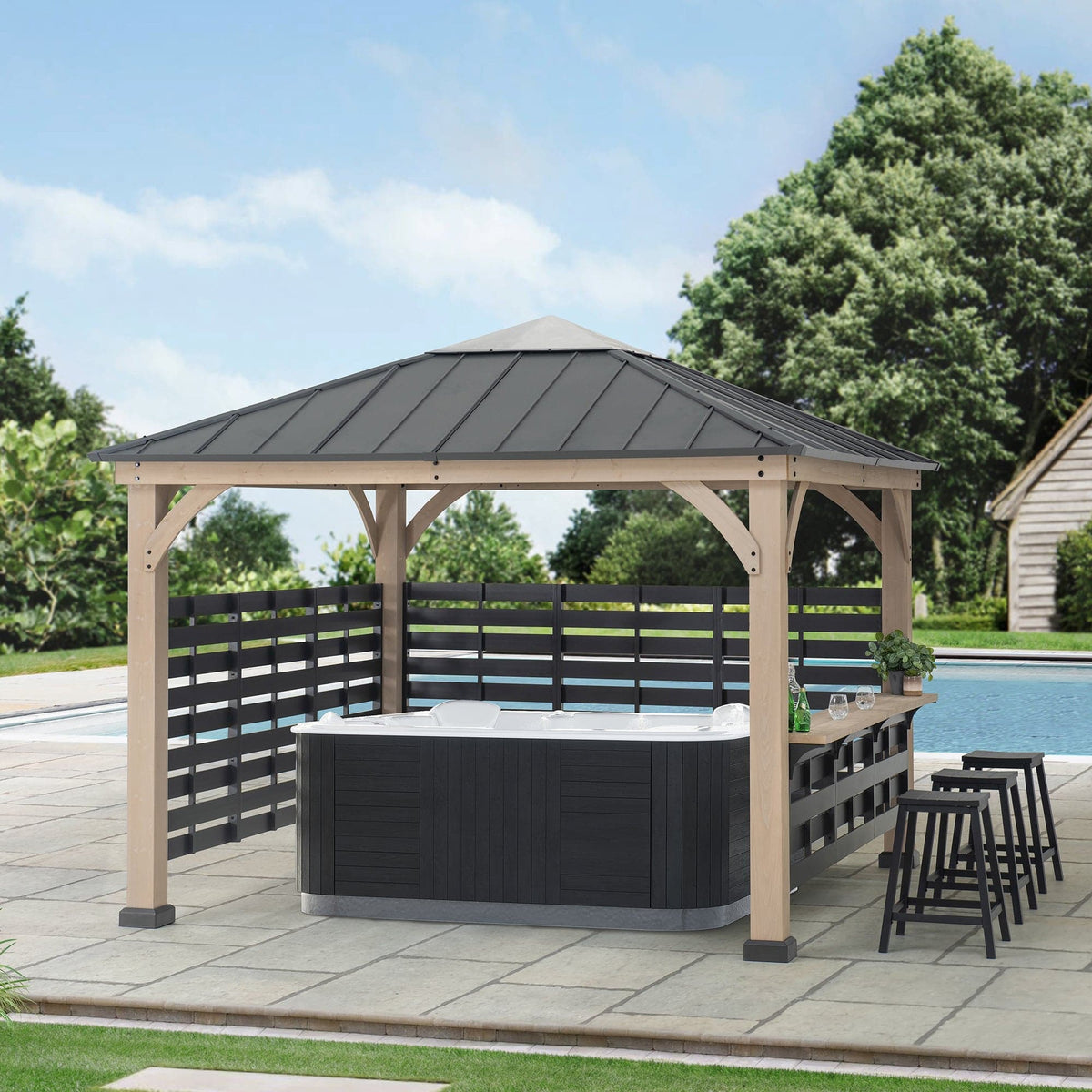 SUNJOY 11x11 Gazebo with Aluminum Privacy Screen & Bar Shelf for Hot Tub.
