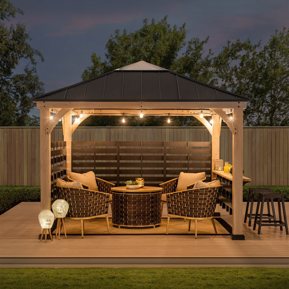 SUNJOY 11x11 Gazebo with Aluminum Privacy Screen & Bar Shelf for Hot Tub.